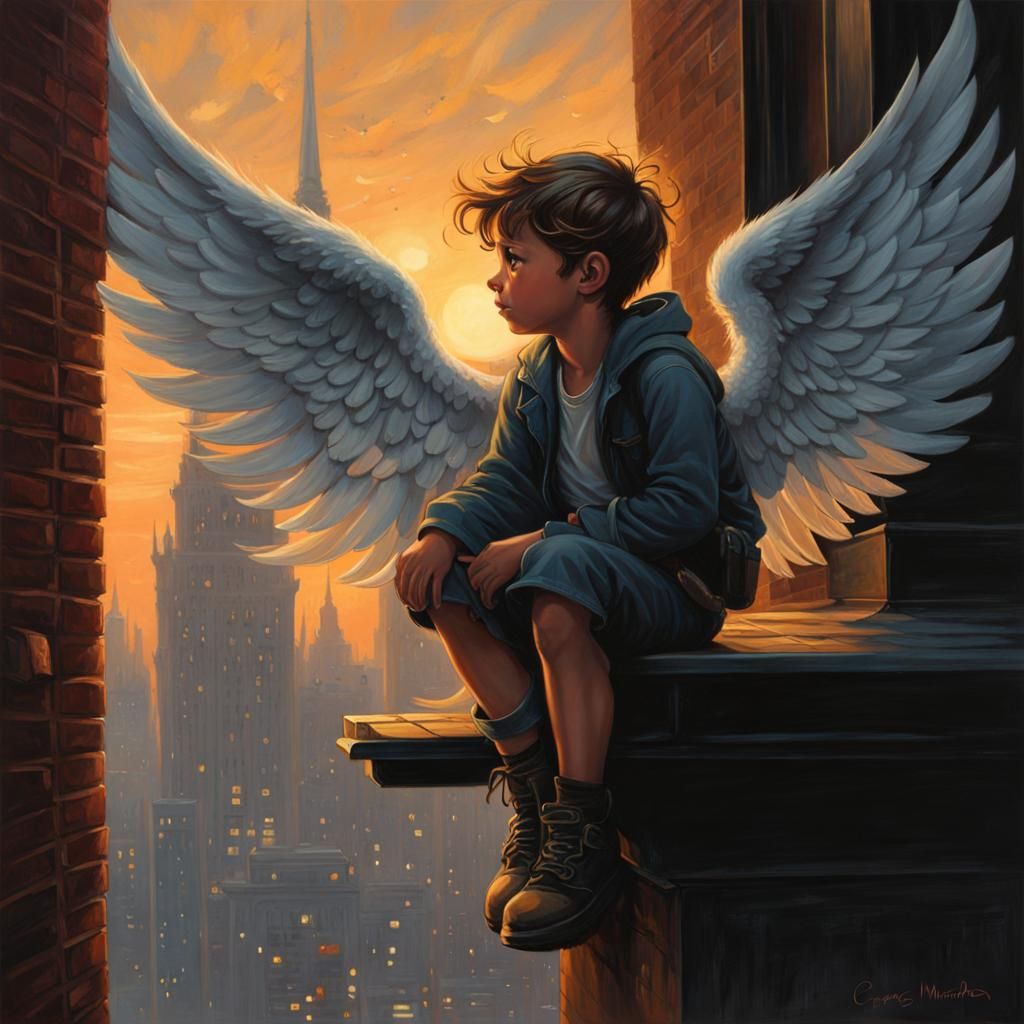 Angel on Ledge: Figurative Art with Reflections