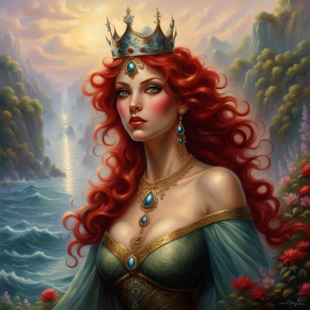 Ethereal Sea Elf with Red Hair and Crown