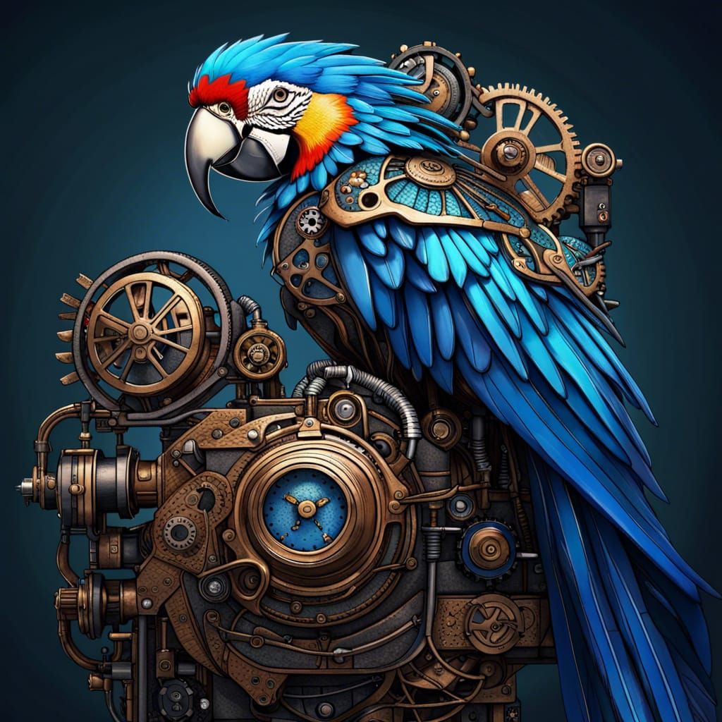 Steampunk Macaw: Intricate Ink Drawing in 8K