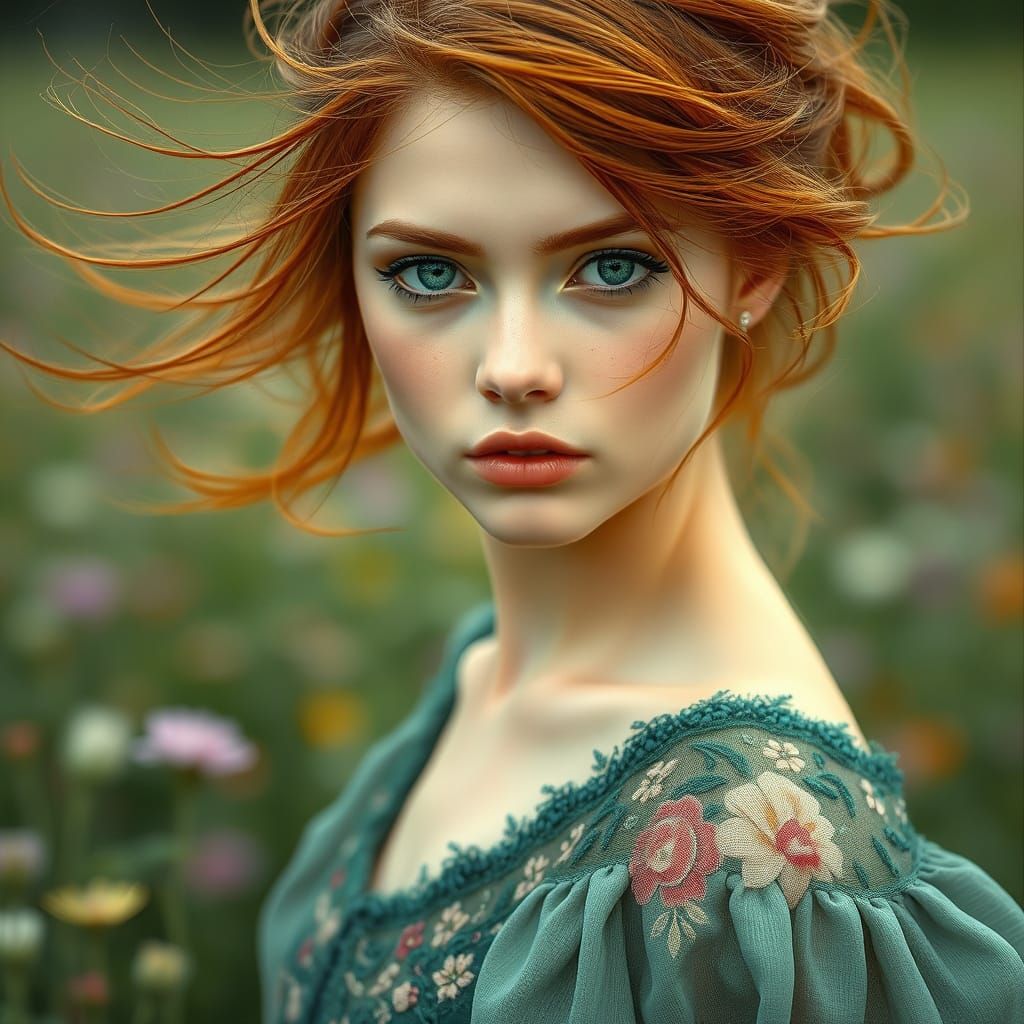 Auburn Beauty in Wildflower Field: Impressionistic Portrait