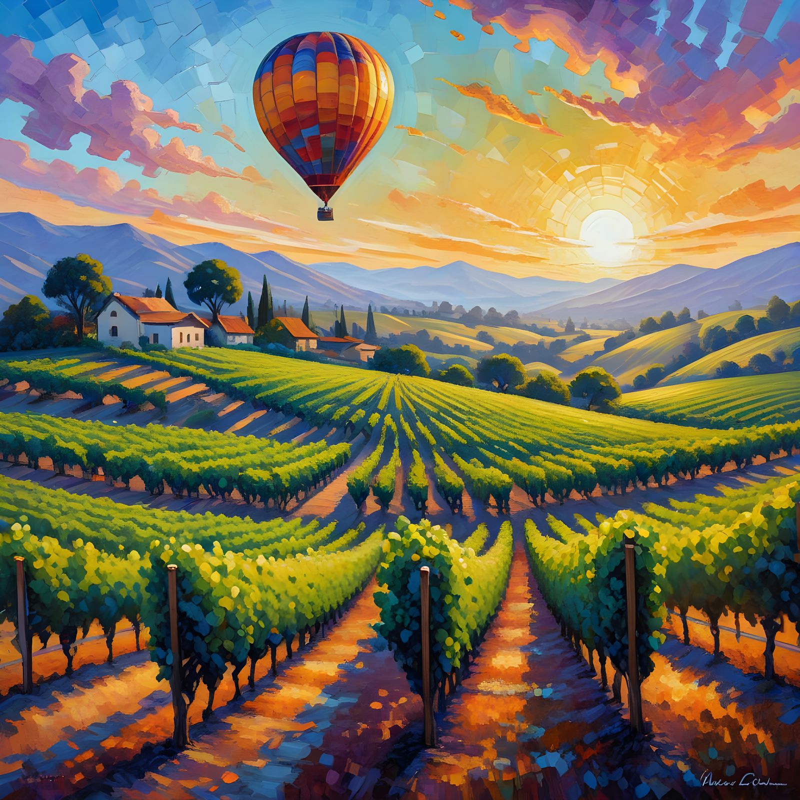 Sonoma County Vineyard with Hot Air Balloon in Neo-Expressio...