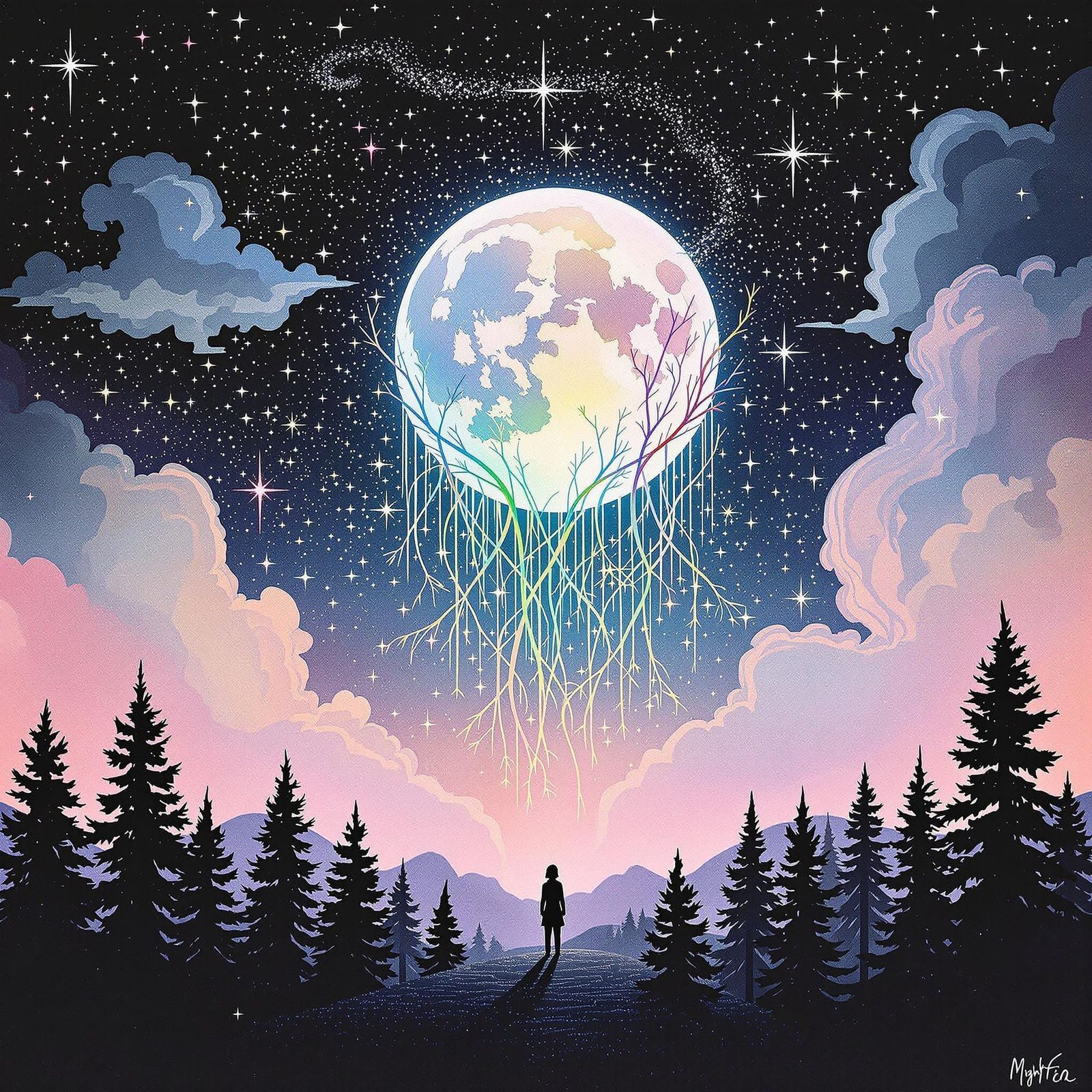 Enchanted Moonlit Forest in Whimsical Mixed Media