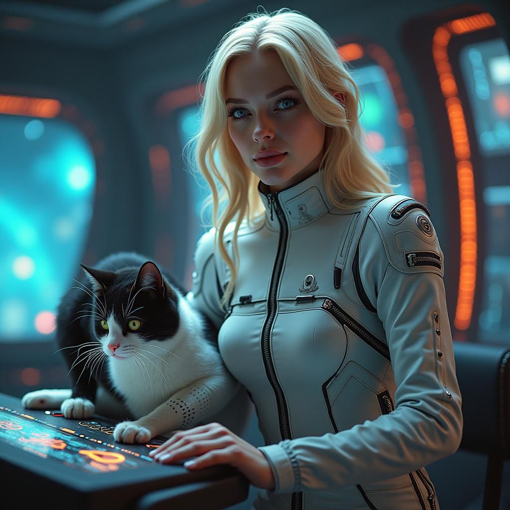 Blond Space Pilot Navigating Galaxy with Cat