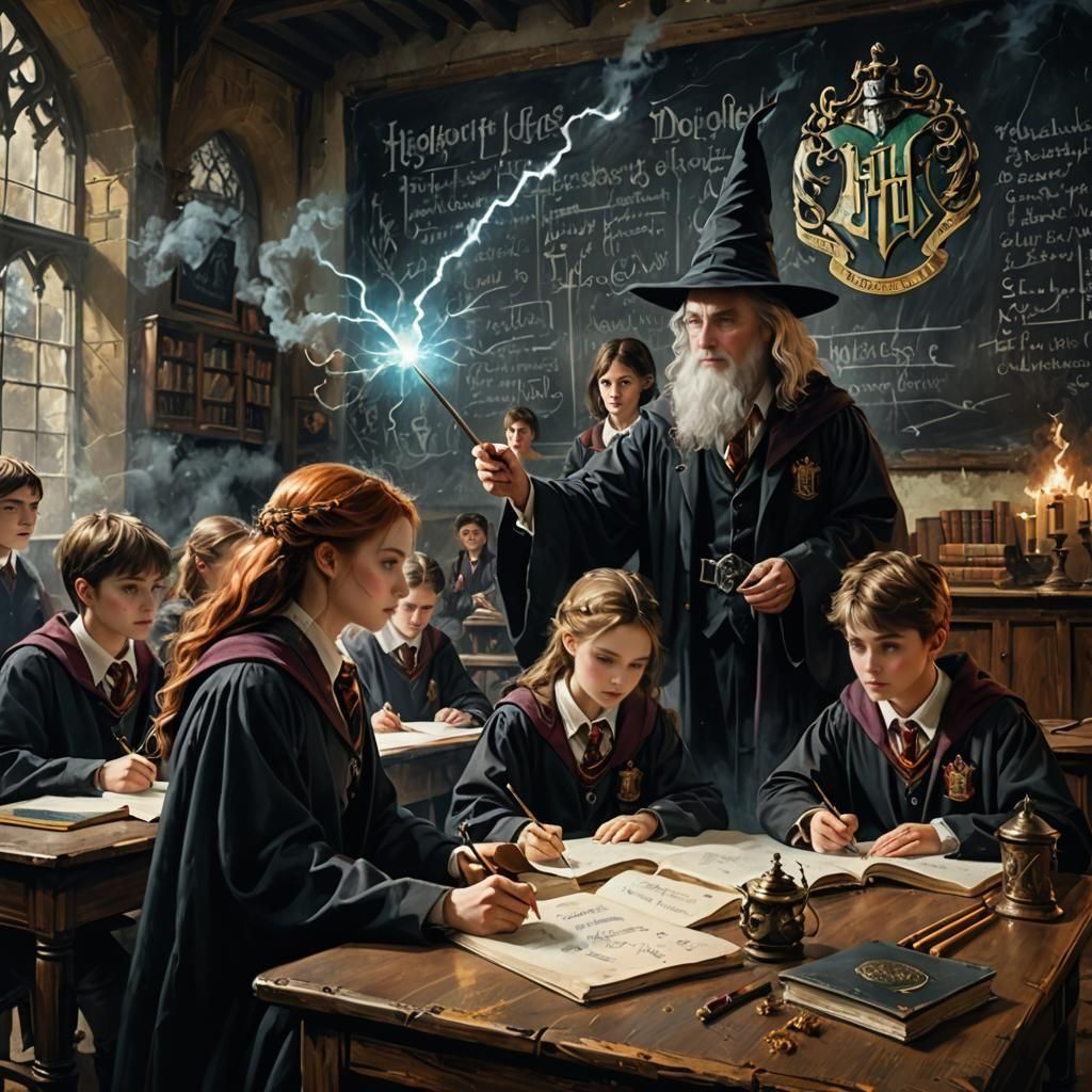 Hogwarts Classroom: Young Wizards Casting Spells