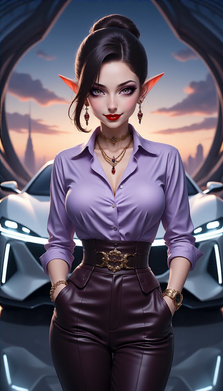Elegant Elf in Futuristic Car, Anime Art Style