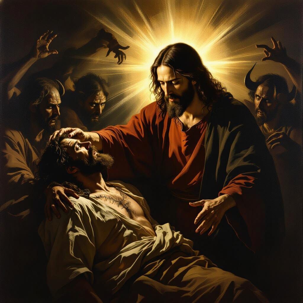 Jesus Exorcises Demons in Dramatic Painterly Style