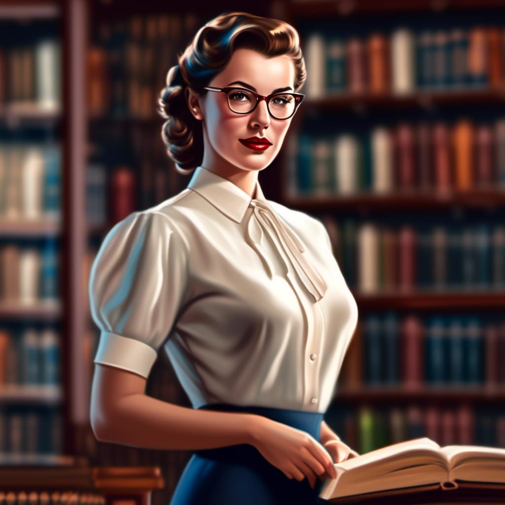 Beautiful 1940s Woman in Library, Photorealistic Digital Art
