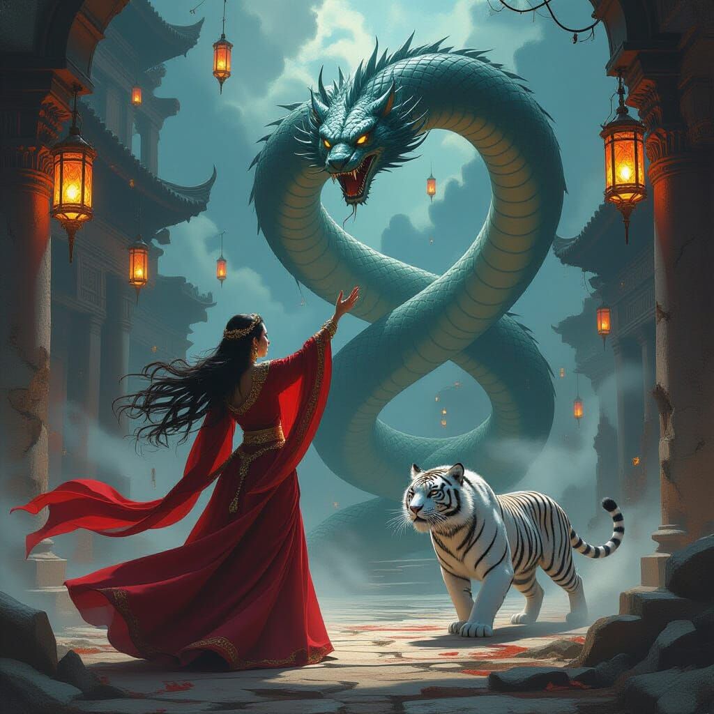 Sorceress Summons Magic in Ruined Temple