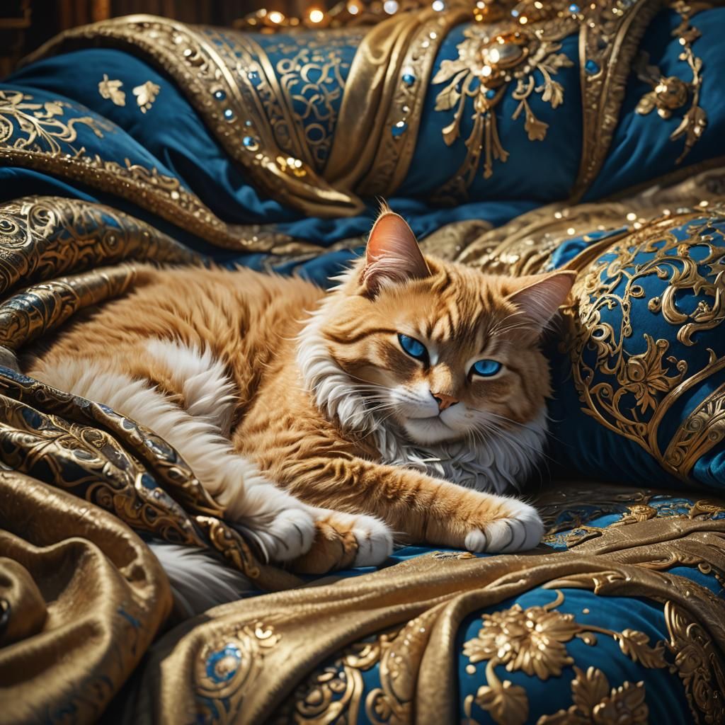 Surreal, Velvet-Draped Robot Cat Slumbers in Luxurious Fanta...