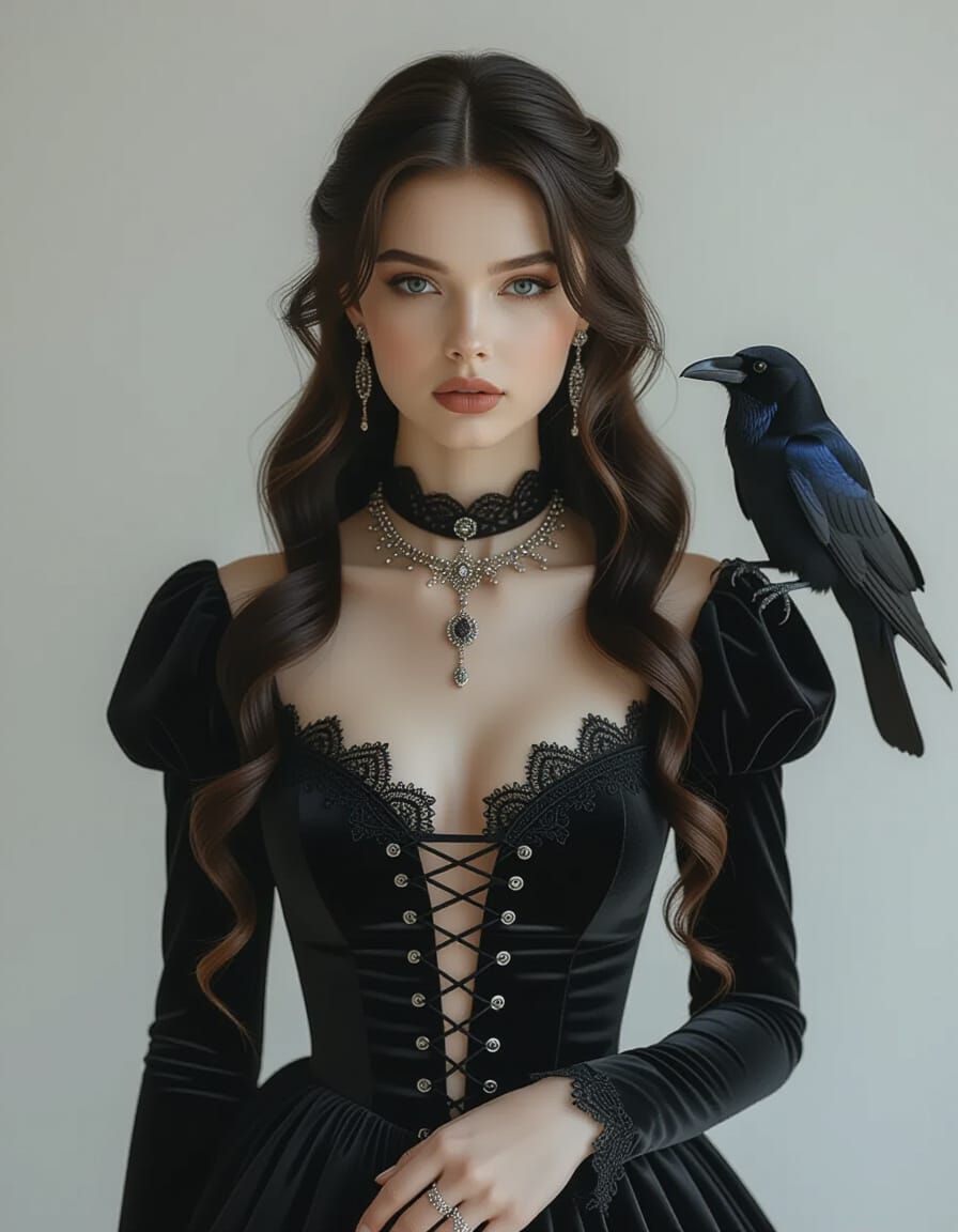 Gothic Silk Dress Woman with Raven, Hyperrealistic Style