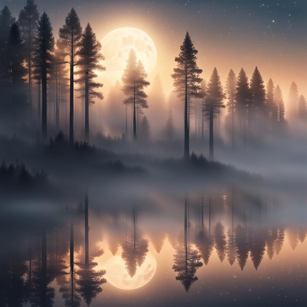 Foggy Pine Forest Night Sky Reflection