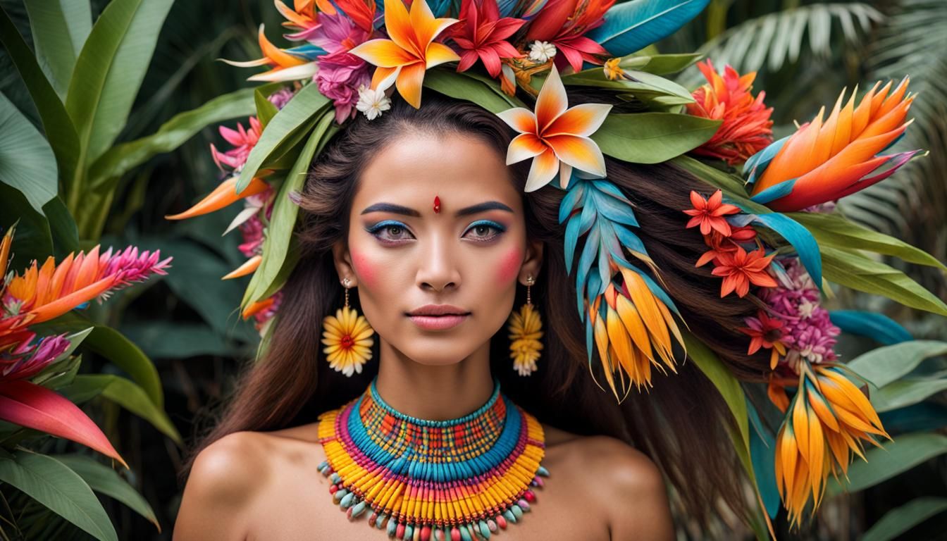 South Pacific Woman in Traditional Floral Adornment