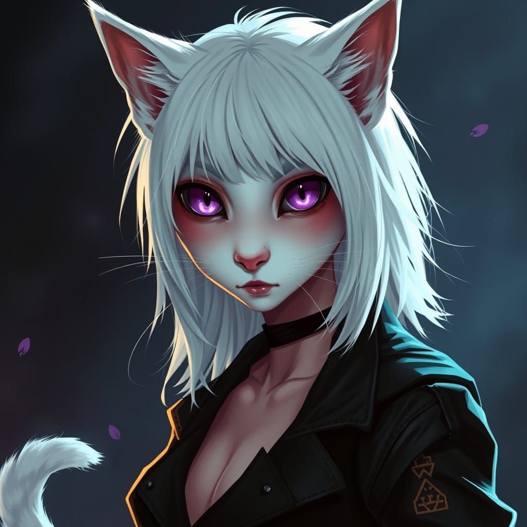 Surreal Cyberpunk Catgirl Basks in Neon Night Shadows