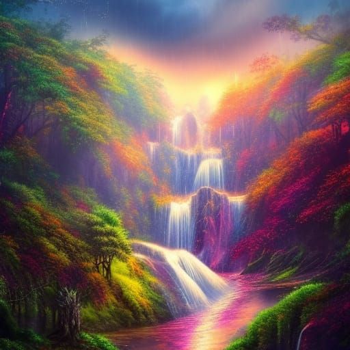 Rainy Sunset Fairy Waterfall in Detailed Digital Watercolor