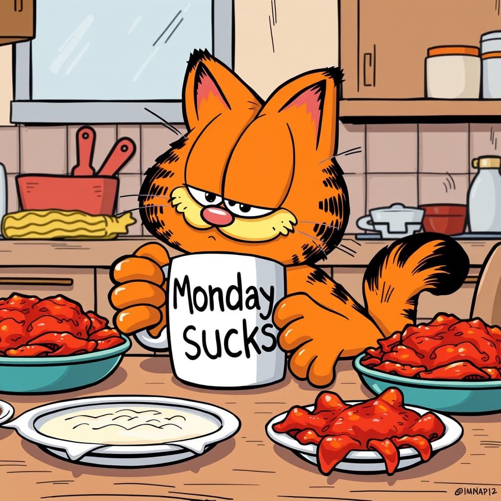 Relaxed Red Cat Savoring Lasagne in a Realistic Comic