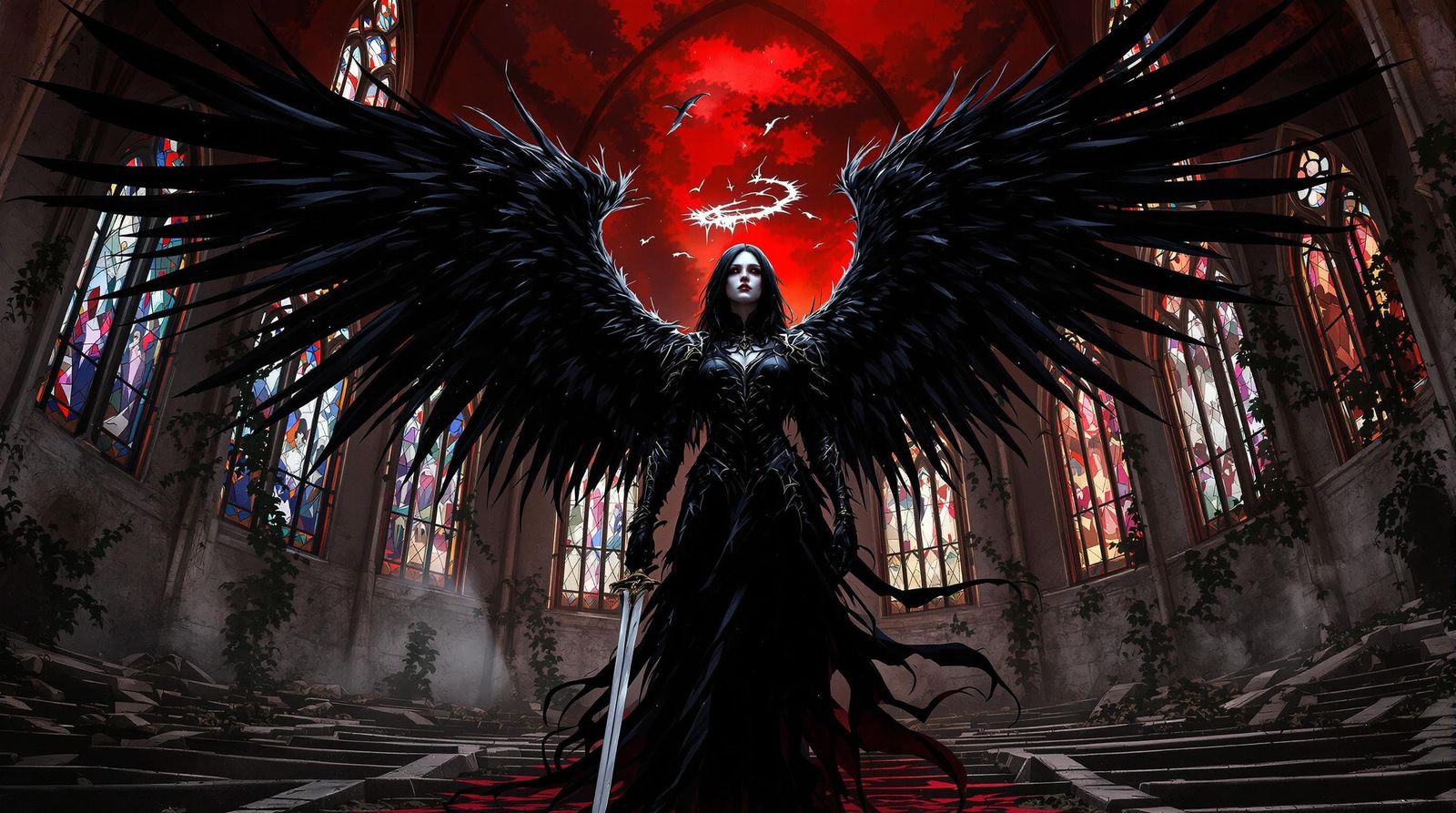 Fallen Angel in Gothic Cathedral with Crimson Sky