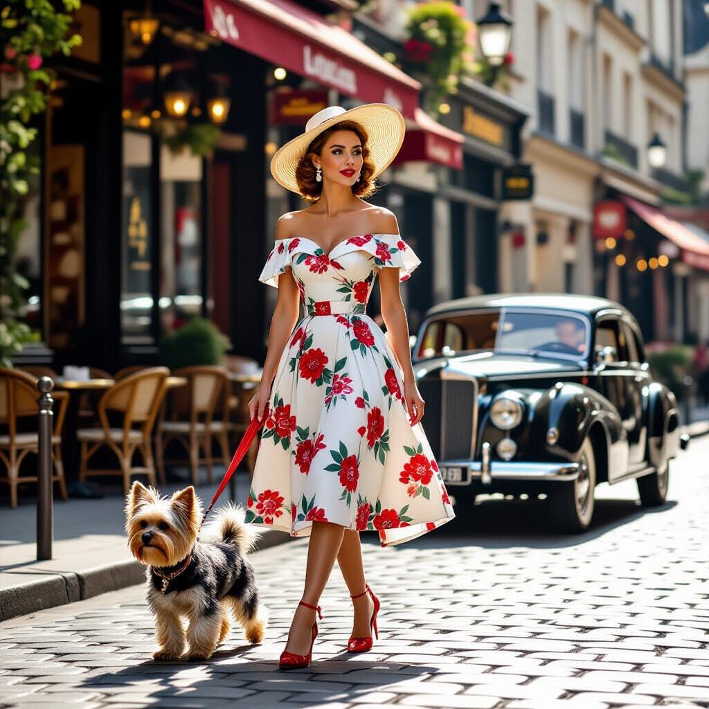 Elegant Woman Walks Dog in Paris, Cinematic Style