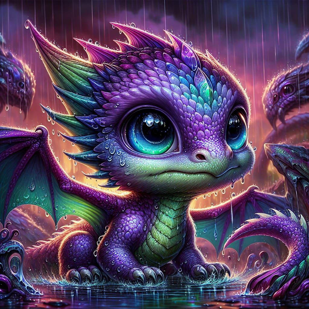 Adorable Baby Dragon in Stormy Skies