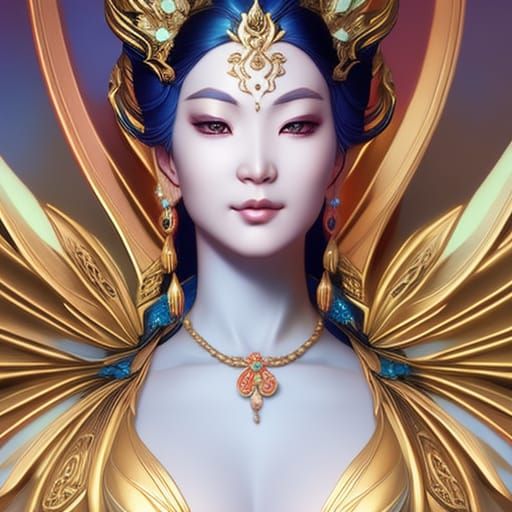 Quan Yin Portrait with White Peacock in Splash Art Style