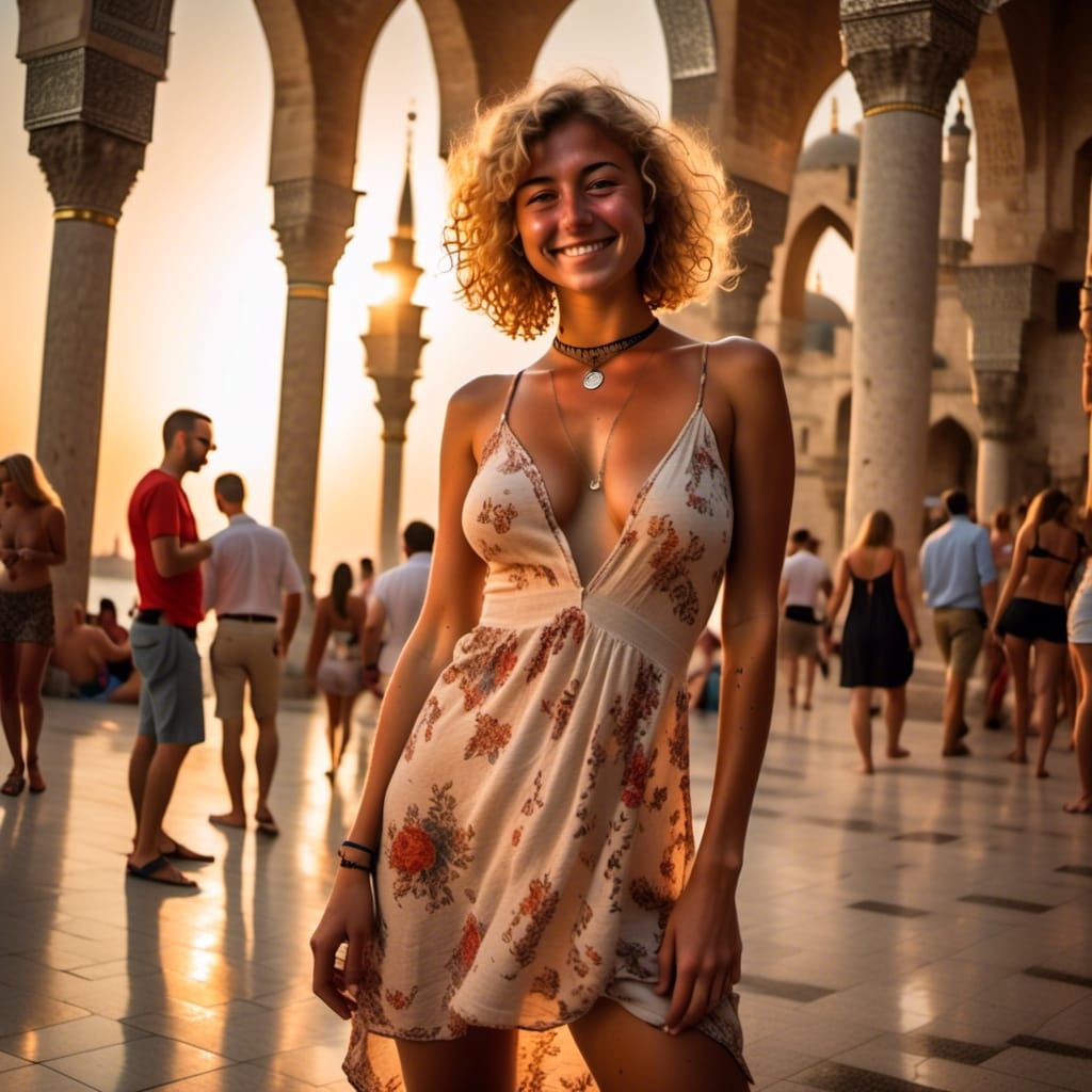 Blonde Woman in Istanbul at Dusk