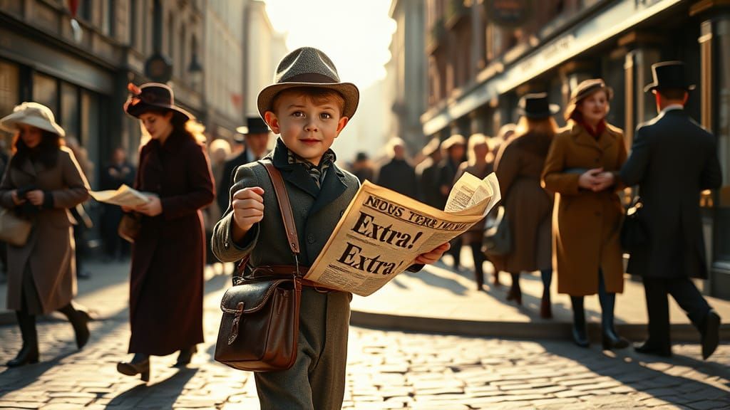 Victorian Newspaper Boy Shouts Extra on Bustling Street Corn...