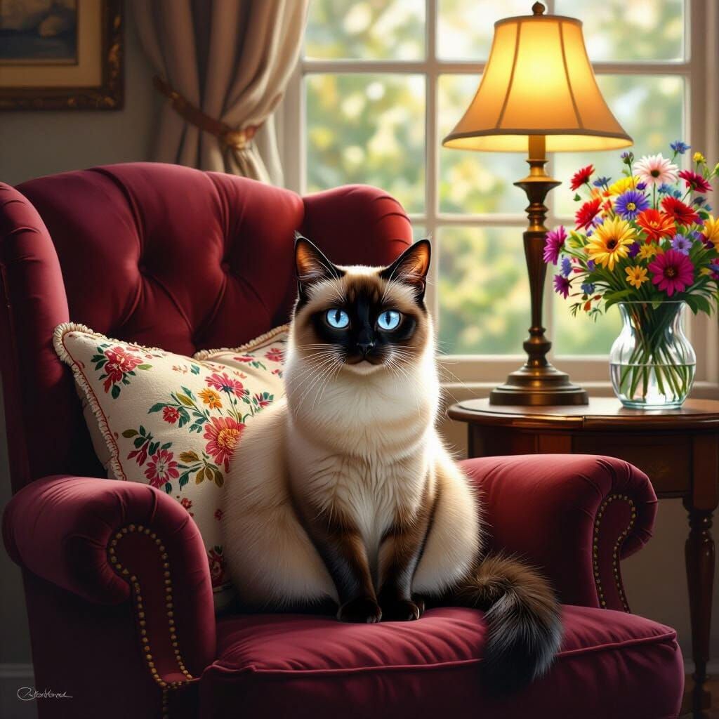 Siamese Cat Relaxing in Red Recliner with Lamp and Flowers