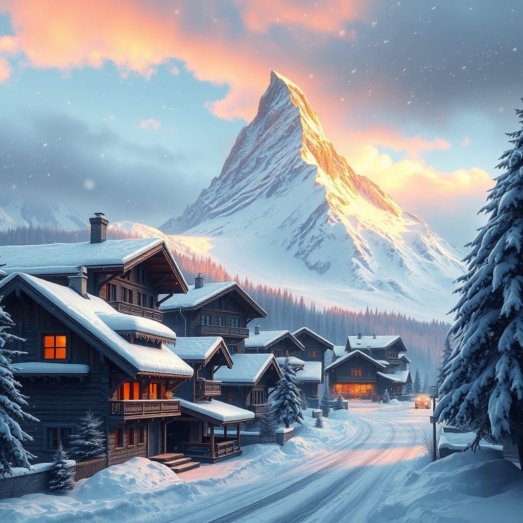 Hyperrealistic Swiss Village Under Snowy Matterhorn