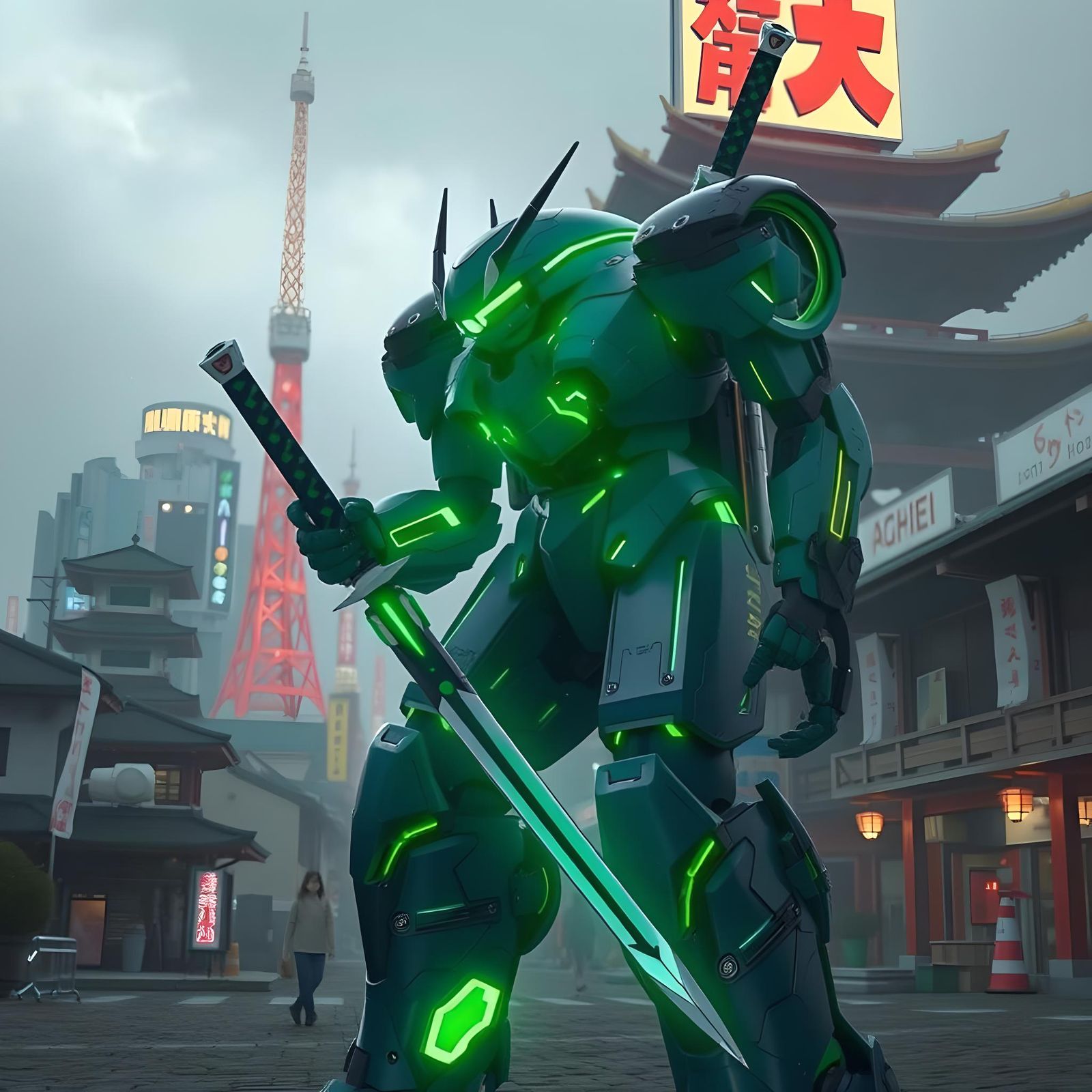 Futuristic Mech Warrior with Glowing Katana