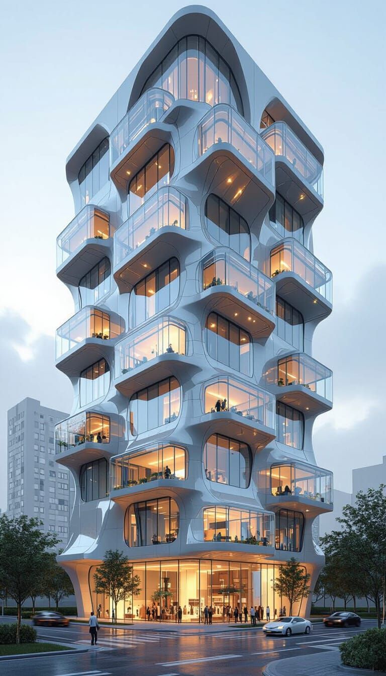 Futuristic Organic High-Rise Building with Glass Balconies