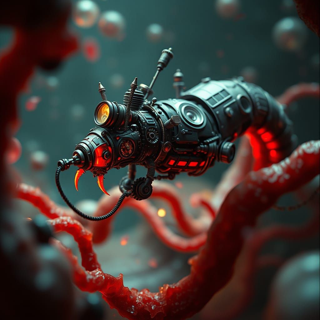 Ethereal Steampunk Bloodworm Navigates Alien Blood System