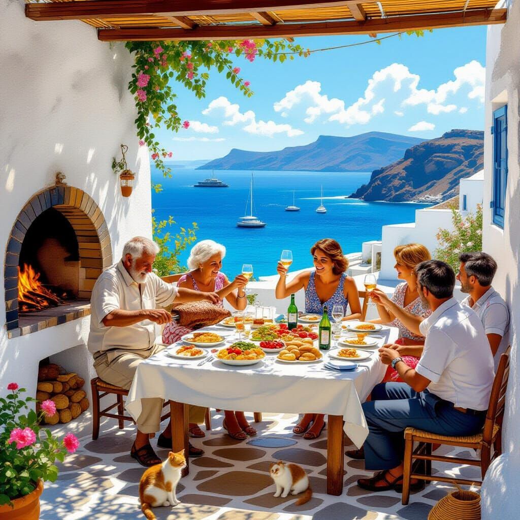 Greek Island Village Courtyard Scene in 1960s