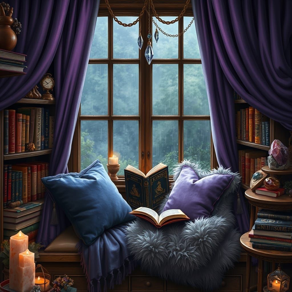 Cozy Witchy Reading Nook with Mystical Decor