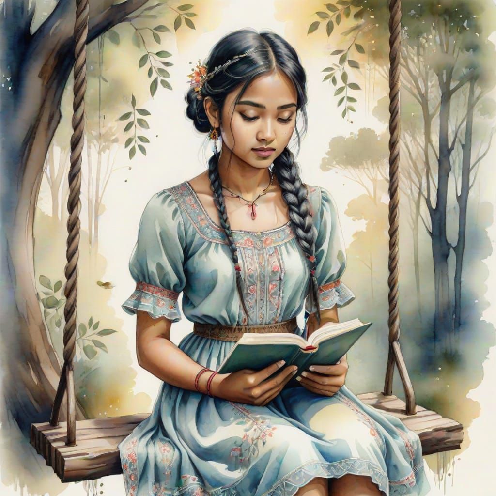 Watercolor Sketch: Girl on Swing Reading