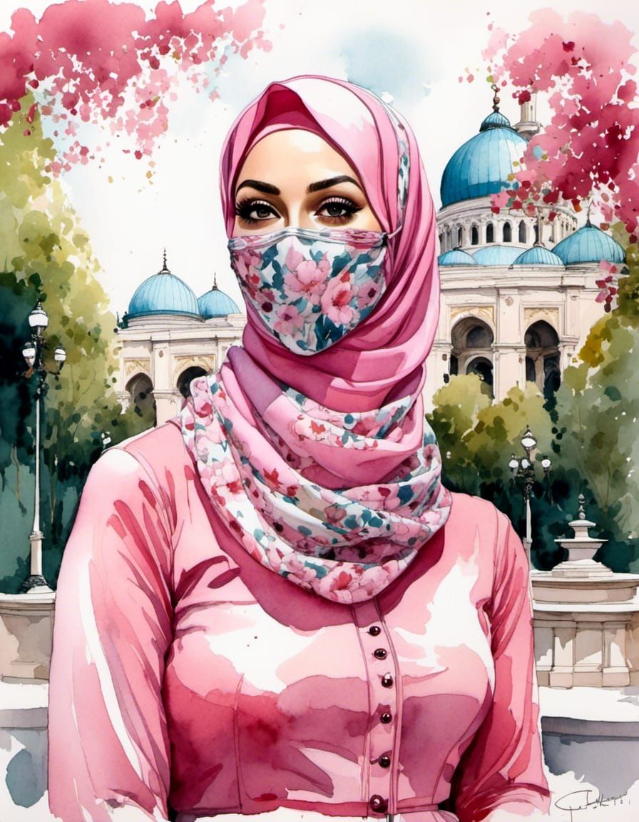 European Woman in Hijab with Flowered Facemask