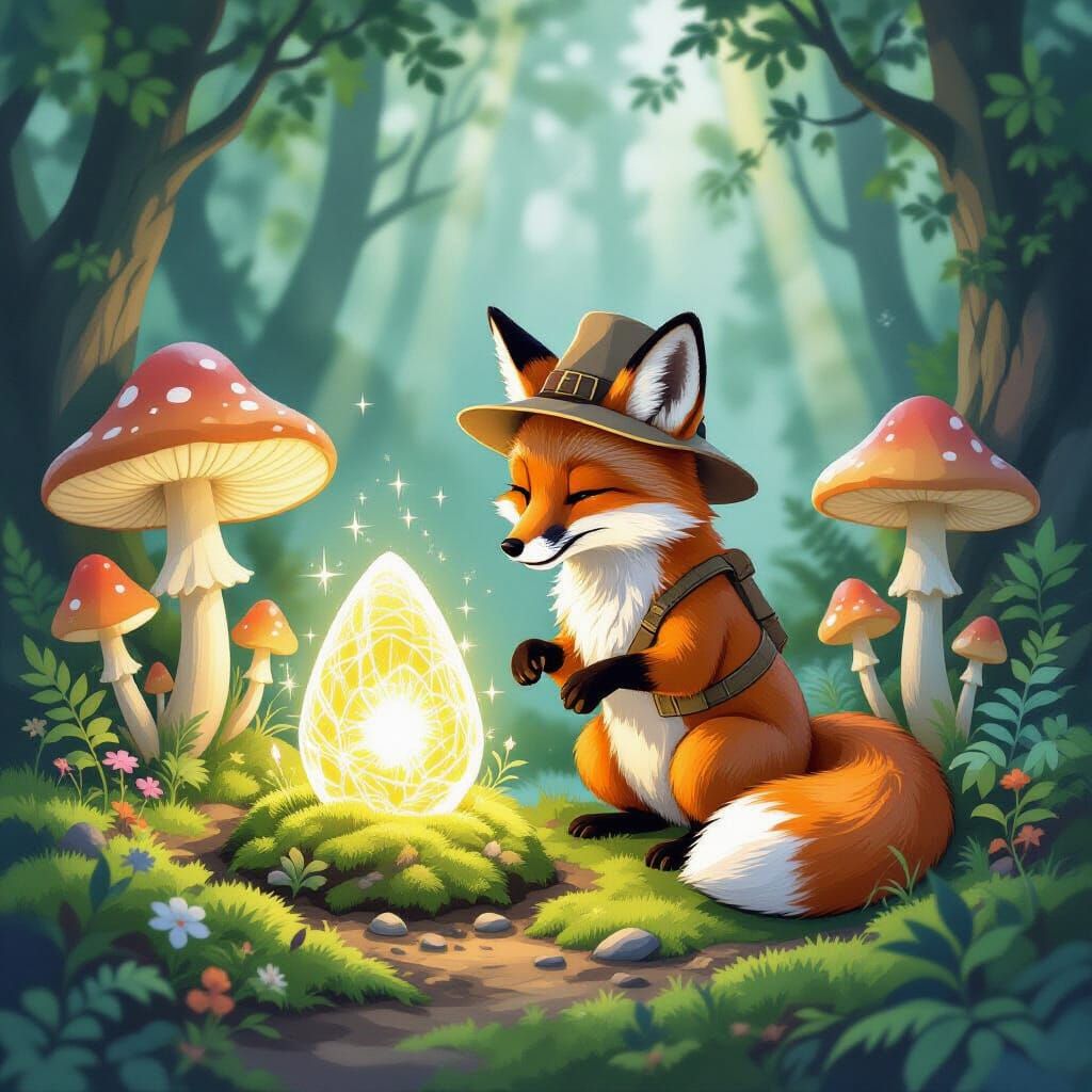 Curious Fox Explores Alien Artifact in Enchanted Forest