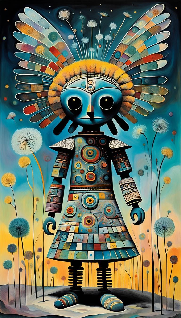 Native American Knifewing kachina   in a Million Dandelion dreamscape,  making wishes , Salvador Dali collaboration Paul...