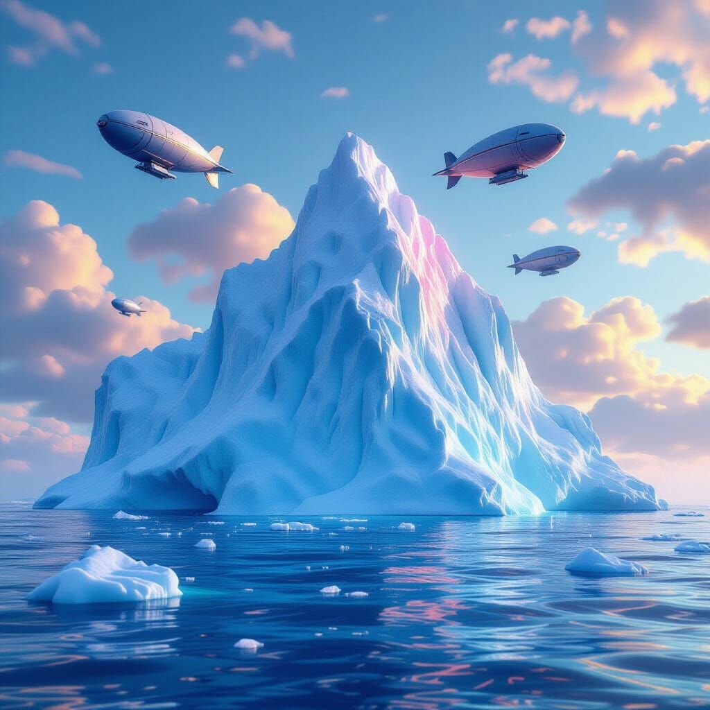 Psychedelic Iceberg with Dirigibles in Fantastical Art Style