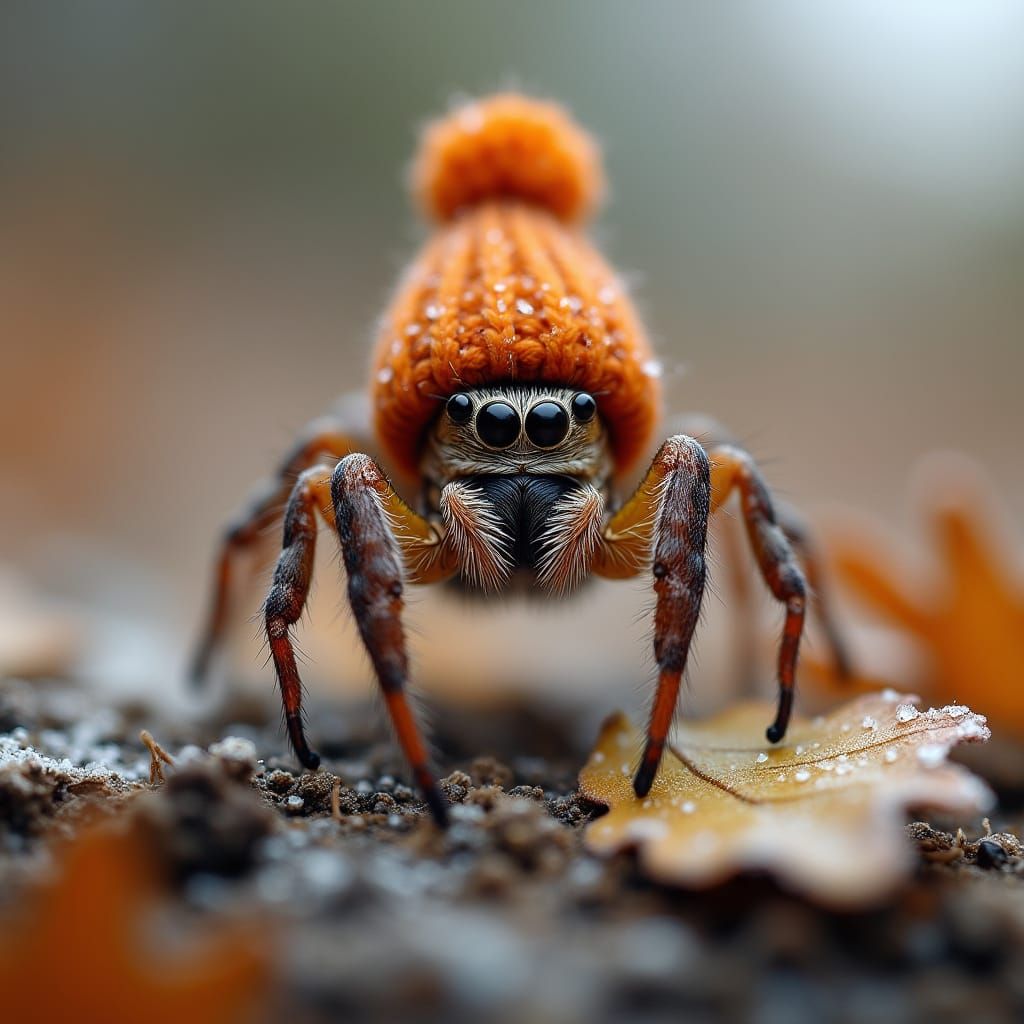 Surreal Macro Photo: Jumping Spider in Knitted Beanie