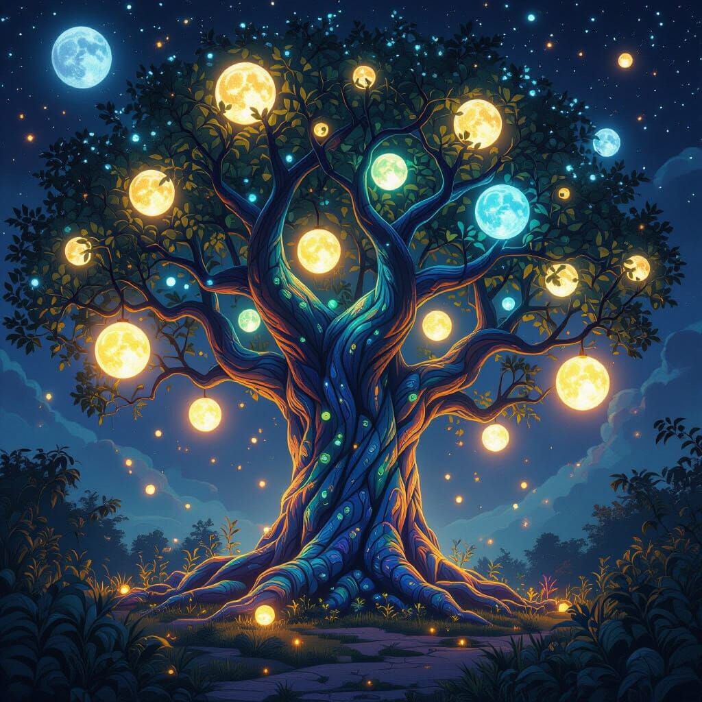 Mystical Iridescent Tree with Glowing Orbs