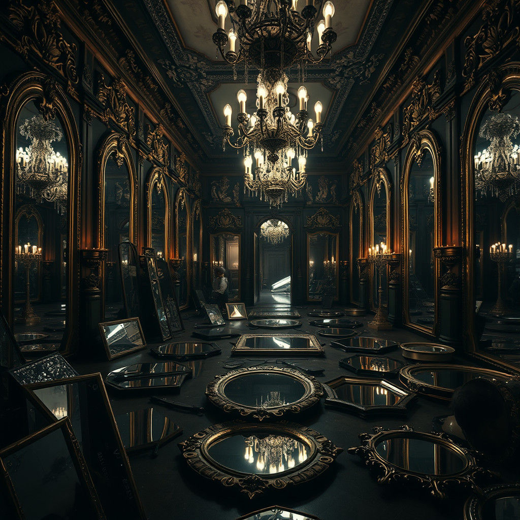 Ornate Mirrors Reflect Dimly Lit Chamber