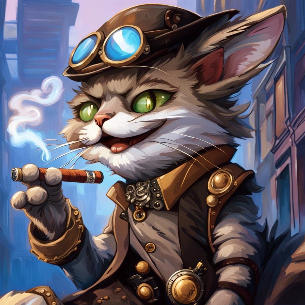 Steampunk Cat Smoking Cigar in City Alley