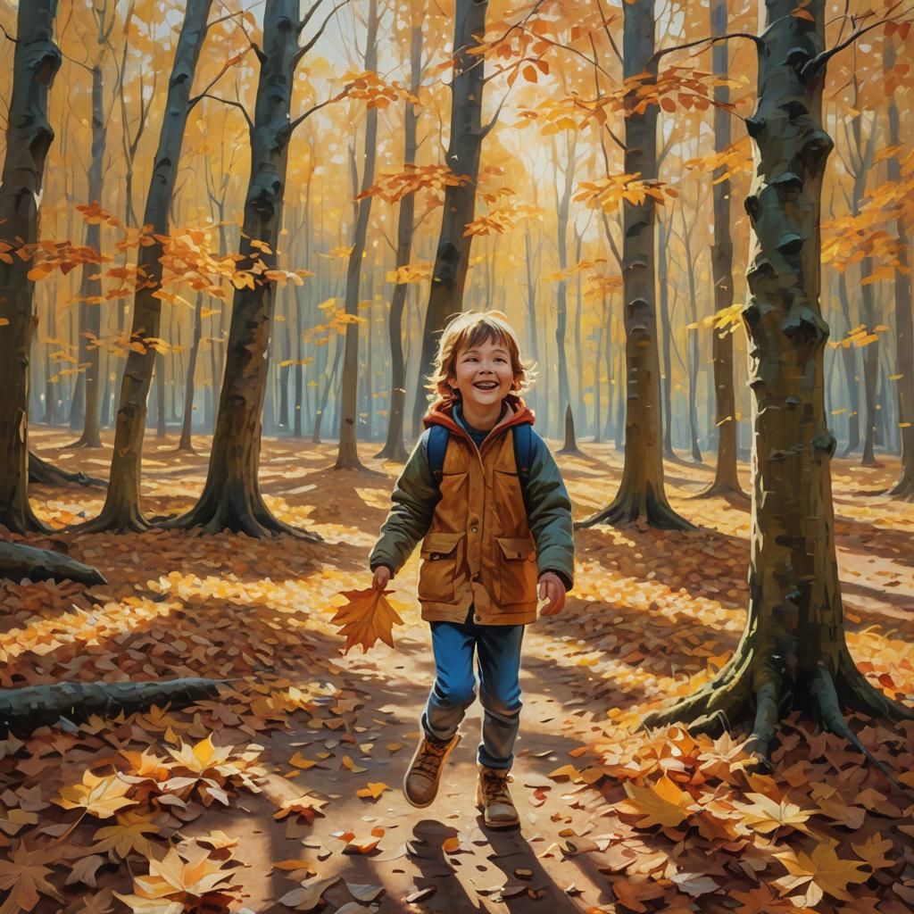 Child's Joyful Autumn Day: An Oil Painting