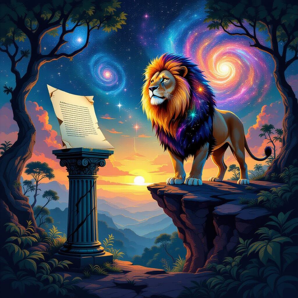 Cosmic Lion on Pedestal Overlooking the Universe