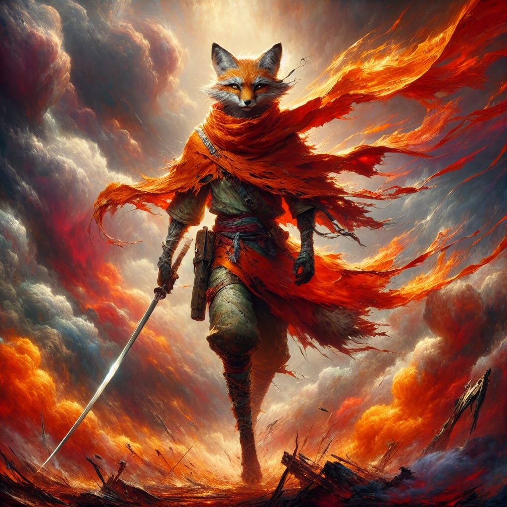Epic Fox Warrior Oil Painting on Battlefield