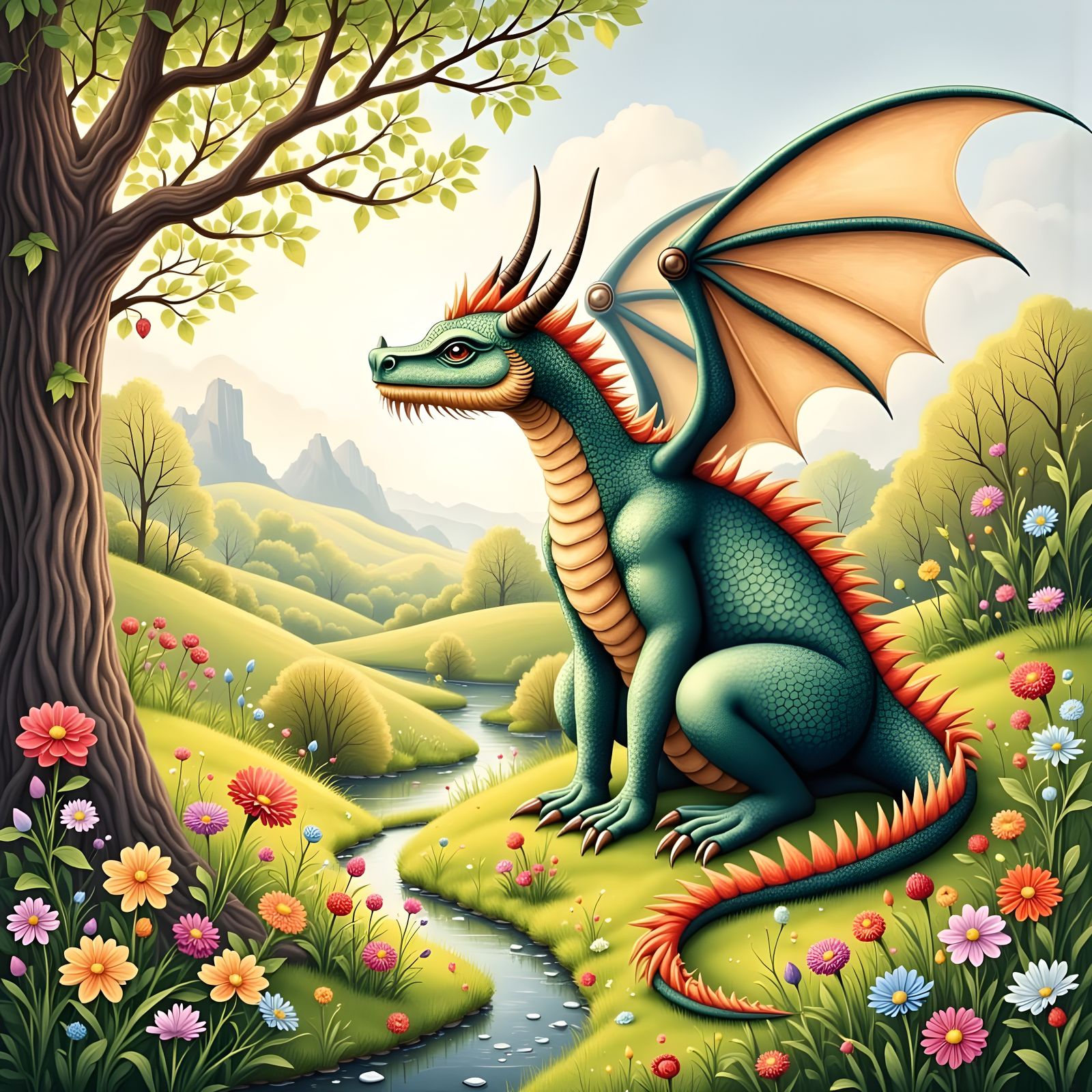 Timid Dragon Storybook Illustration in Fairy Tale Style