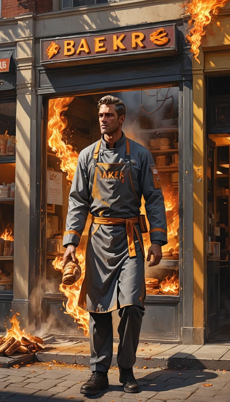 Baker Walks Away From Burning Bakery: Hyperrealistic Art