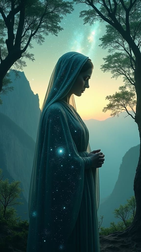 Our Lady Mary Silhouette in Mystical Forest