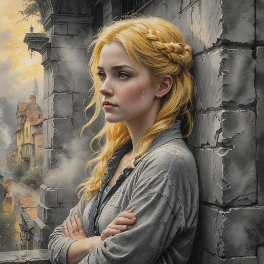 Woman with Yellow Hair in Ethereal Charcoal Drawing