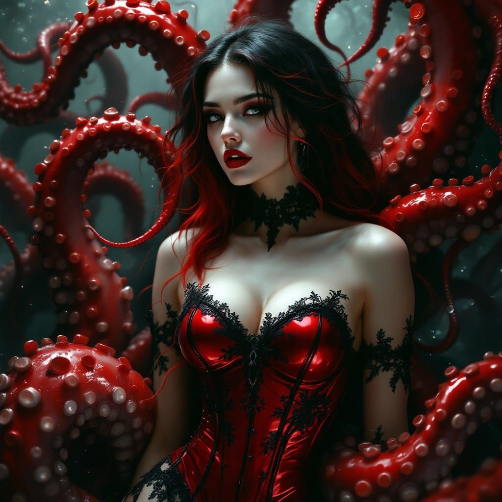 Woman Ensnared by Vibrant Red Octopus Tentacles in a Dark Aq...