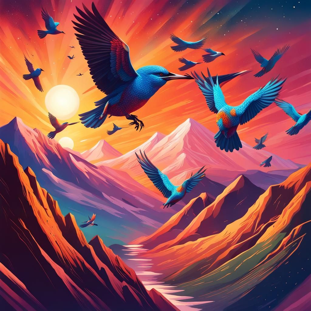 Birds Soaring Over Mountains in Space: Hyperrealistic Art